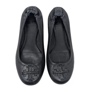 Tory Burch Black Napa Leather Minnie Ballet Flats Logo 7.5