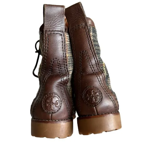 TORY BURCH Brown Plaid Lace Up Lined Boots Women's Size 7.5 Shearling
