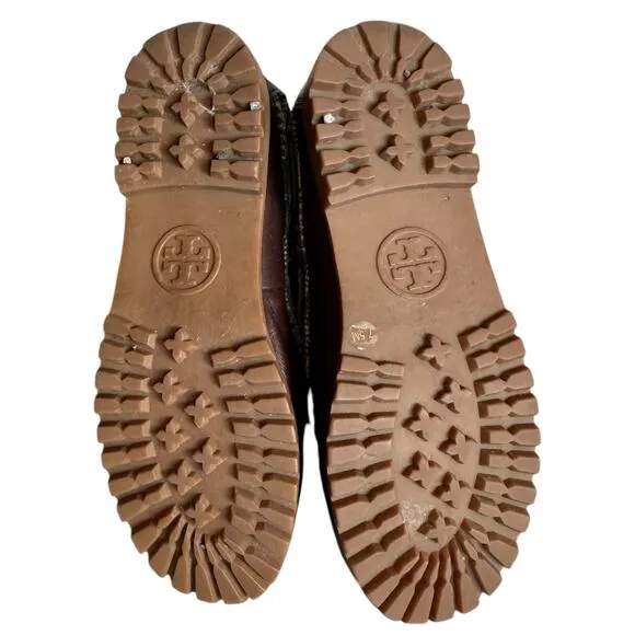 TORY BURCH Brown Plaid Lace Up Lined Boots Women's Size 7.5 Shearling