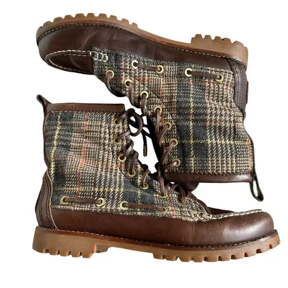 TORY BURCH Brown Plaid Lace Up Lined Boots Women's Size 7.5 Shearling