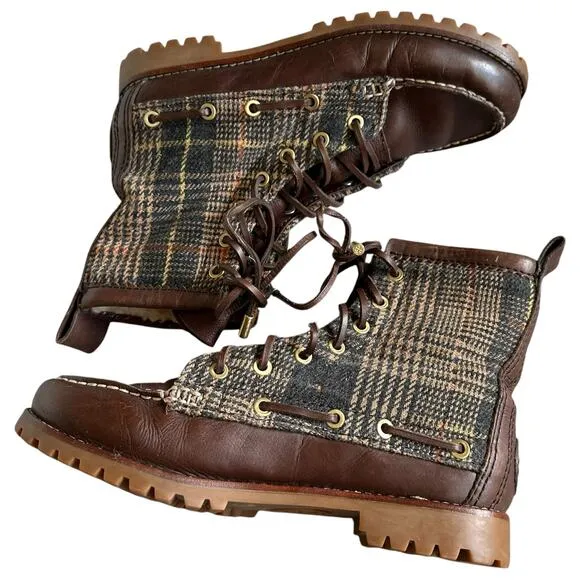 TORY BURCH Brown Plaid Lace Up Lined Boots Women's Size 7.5 Shearling