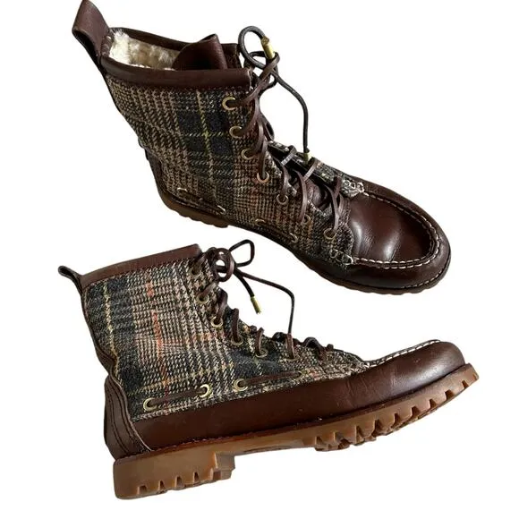 TORY BURCH Brown Plaid Lace Up Lined Boots Women's Size 7.5 Shearling