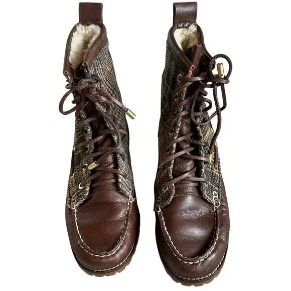 TORY BURCH Brown Plaid Lace Up Lined Boots Women's Size 7.5 Shearling