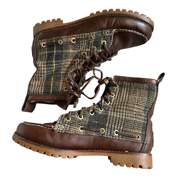 TORY BURCH Brown Plaid Lace Up Lined Boots Women's Size 7.5 Shearling