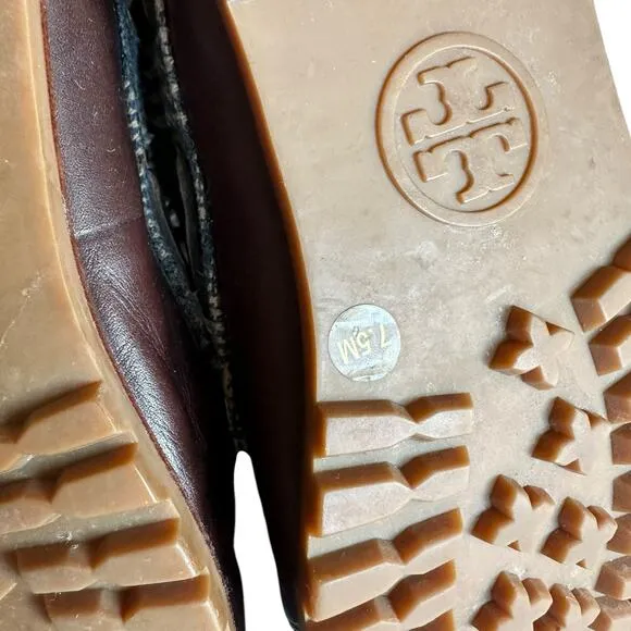 TORY BURCH Brown Plaid Lace Up Lined Boots Women's Size 7.5 Shearling