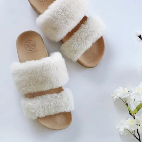 Tory Burch Fur slippers Beige sz 8 Sheldon Shearling Two Band Slide
