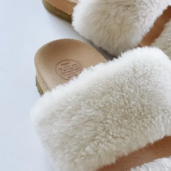 Tory Burch Fur slippers Beige sz 8 Sheldon Shearling Two Band Slide