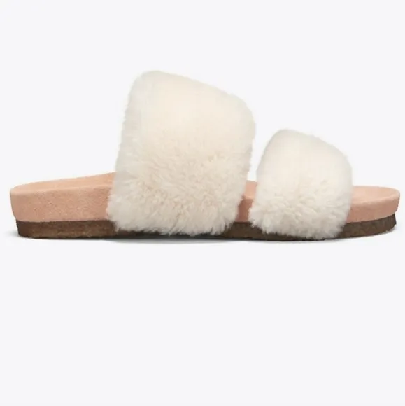 Tory Burch Fur slippers Beige sz 8 Sheldon Shearling Two Band Slide