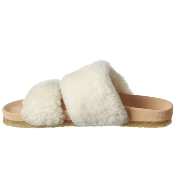 Tory Burch Fur slippers Beige sz 8 Sheldon Shearling Two Band Slide