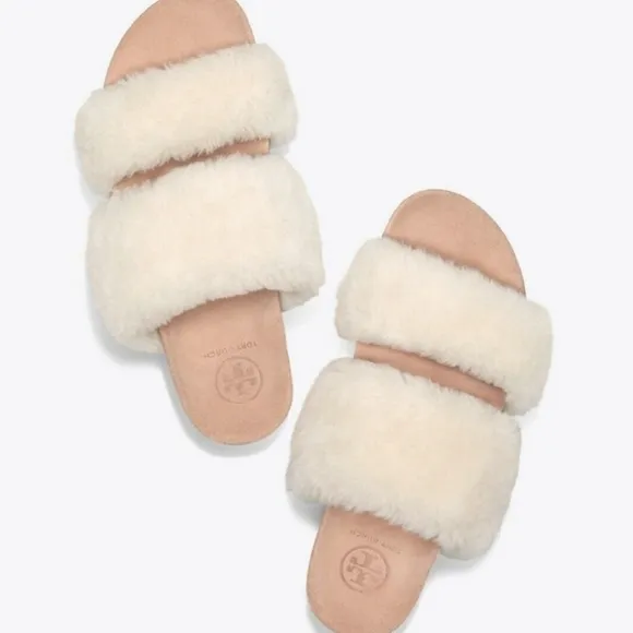Tory Burch Fur slippers Beige sz 8 Sheldon Shearling Two Band Slide