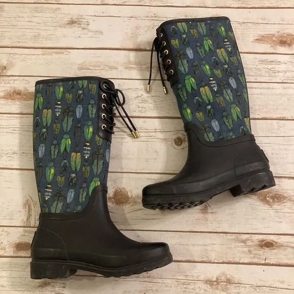 Tory Burch Lana Beetle Printed Tall Rain Boots Size 7
