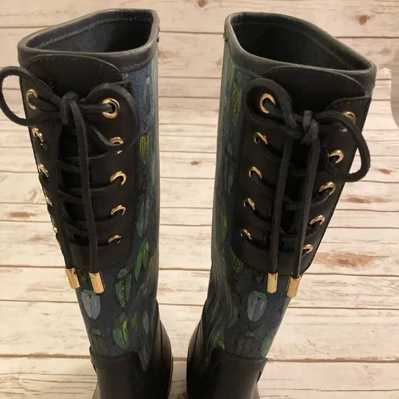 Tory Burch Lana Beetle Printed Tall Rain Boots Size 7