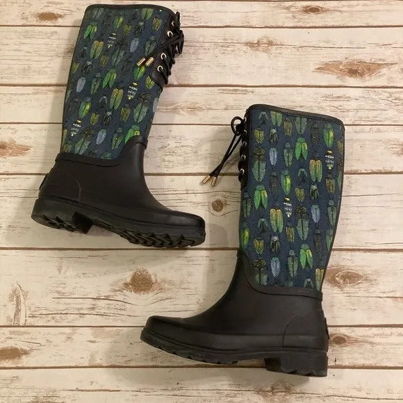 Tory Burch Lana Beetle Printed Tall Rain Boots Size 7