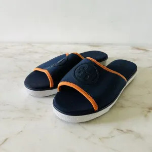 TORY BURCH Navy Orange Matte Finished Neoprene Logo &quot;T&quot; Slide Slippers - US 6.5