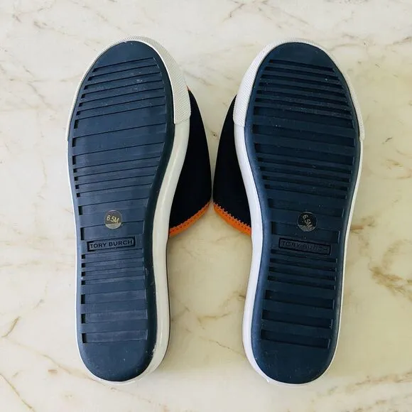 TORY BURCH Navy Orange Matte Finished Neoprene Logo &quot;T&quot; Slide Slippers - US 6.5