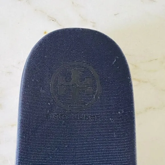 TORY BURCH Navy Orange Matte Finished Neoprene Logo &quot;T&quot; Slide Slippers - US 6.5