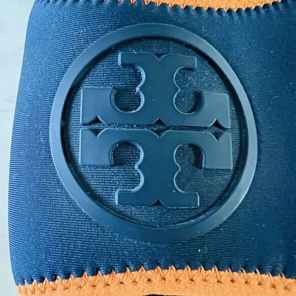 TORY BURCH Navy Orange Matte Finished Neoprene Logo &quot;T&quot; Slide Slippers - US 6.5