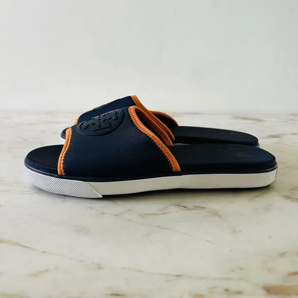 TORY BURCH Navy Orange Matte Finished Neoprene Logo &quot;T&quot; Slide Slippers - US 6.5