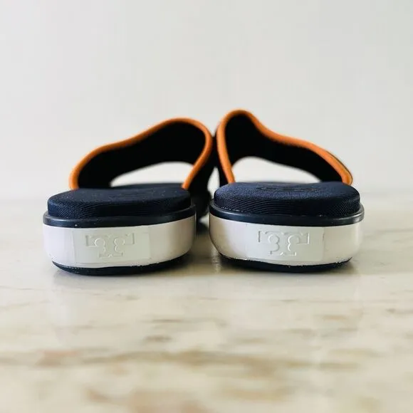 TORY BURCH Navy Orange Matte Finished Neoprene Logo &quot;T&quot; Slide Slippers - US 6.5