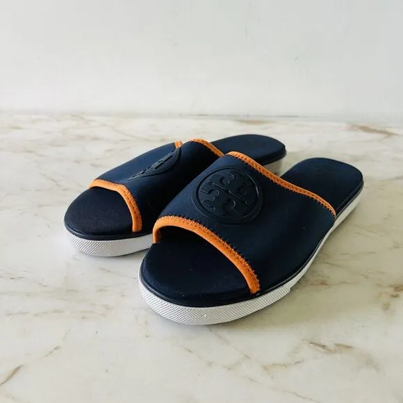 TORY BURCH Navy Orange Matte Finished Neoprene Logo &quot;T&quot; Slide Slippers - US 6.5