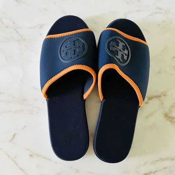 TORY BURCH Navy Orange Matte Finished Neoprene Logo &quot;T&quot; Slide Slippers - US 6.5