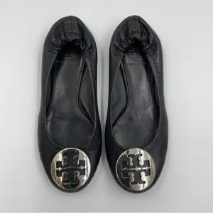 Tory Burch Reva Leather Ballet Flat Black Silver Toe Logo Accent Travel VGUC 5.5