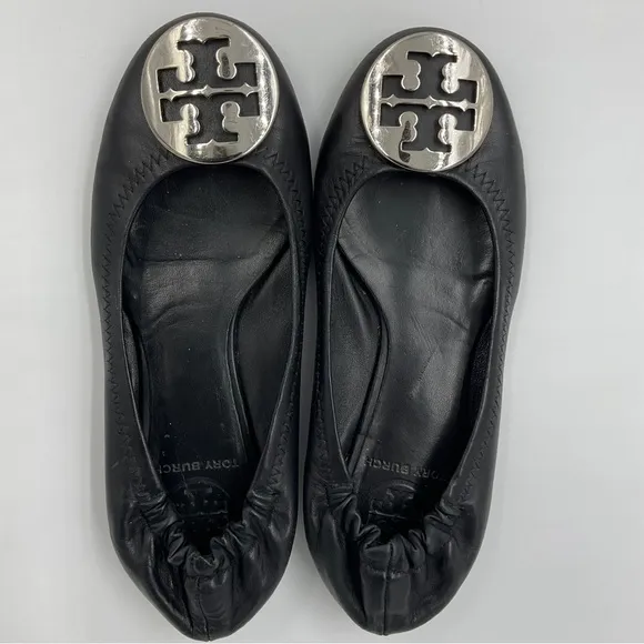 Tory Burch Reva Leather Ballet Flat Black Silver Toe Logo Accent Travel VGUC 5.5