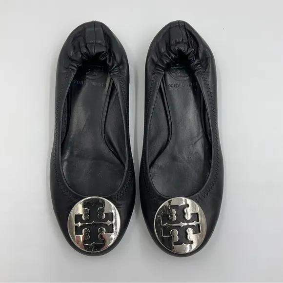 Tory Burch Reva Leather Ballet Flat Black Silver Toe Logo Accent Travel VGUC 5.5