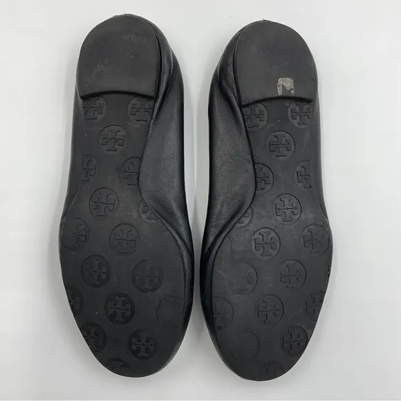 Tory Burch Reva Leather Ballet Flat Black Silver Toe Logo Accent Travel VGUC 5.5