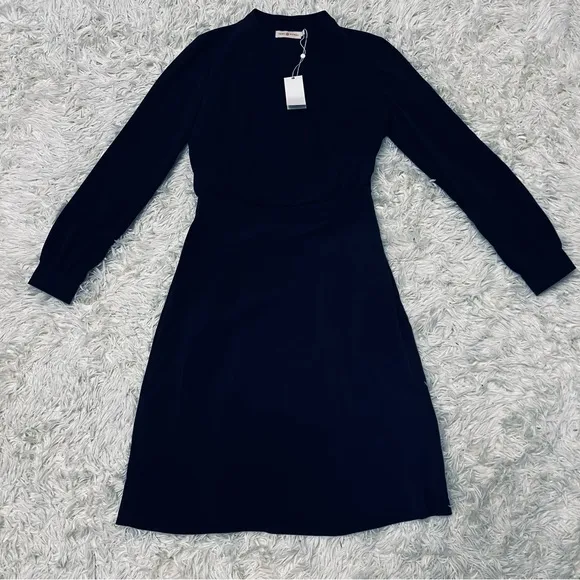 Tory Burch Women’s V Neck Long Sleeve Dress Knee Length 4 Navy Blue Quiet Luxury