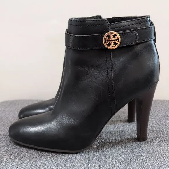 Tory Burch Brita Black Leather Heeled Ankle Boots Sz 9.5
