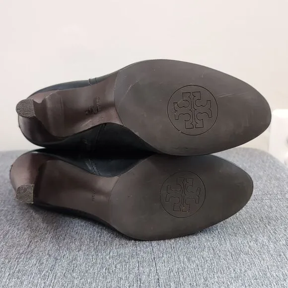 Tory Burch Brita Black Leather Heeled Ankle Boots Sz 9.5