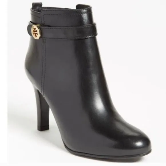 Tory Burch Brita Black Leather Heeled Ankle Boots Sz 9.5