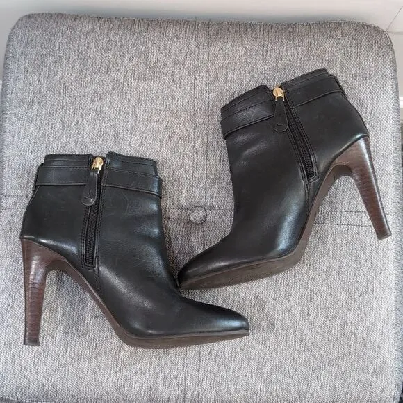 Tory Burch Brita Black Leather Heeled Ankle Boots Sz 9.5