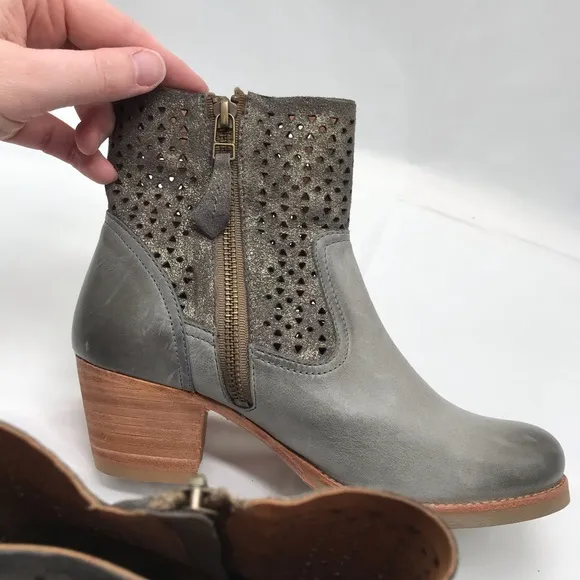 Trask Laser Cut Ankle Boots Leather Gray Tan Wooden Heel Size 6