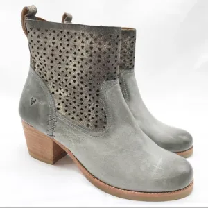 Trask Laser Cut Ankle Boots Leather Gray Tan Wooden Heel Size 6