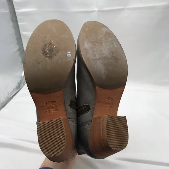 Trask Laser Cut Ankle Boots Leather Gray Tan Wooden Heel Size 6