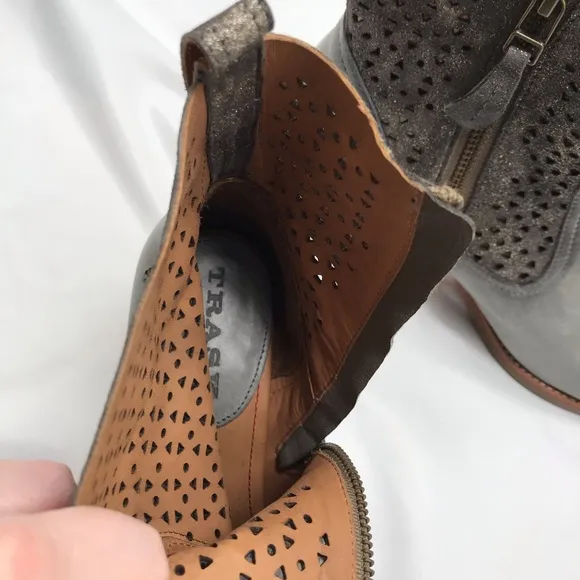 Trask Laser Cut Ankle Boots Leather Gray Tan Wooden Heel Size 6