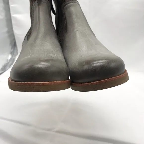 Trask Laser Cut Ankle Boots Leather Gray Tan Wooden Heel Size 6
