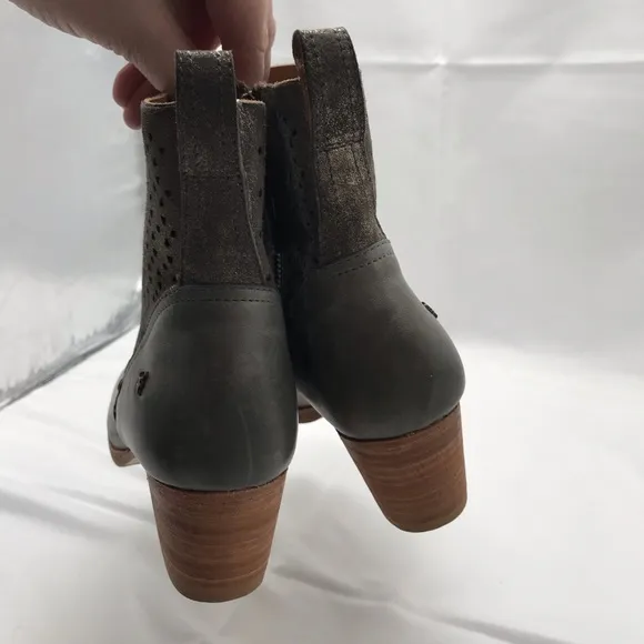Trask Laser Cut Ankle Boots Leather Gray Tan Wooden Heel Size 6