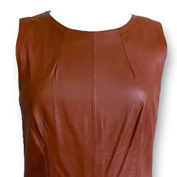 Trina Turk Womens Leather Dress Sz 6 Caramel Brown Sheath Minimalist Luxury $798