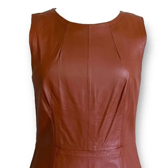 Trina Turk Womens Leather Dress Sz 6 Caramel Brown Sheath Minimalist Luxury $798