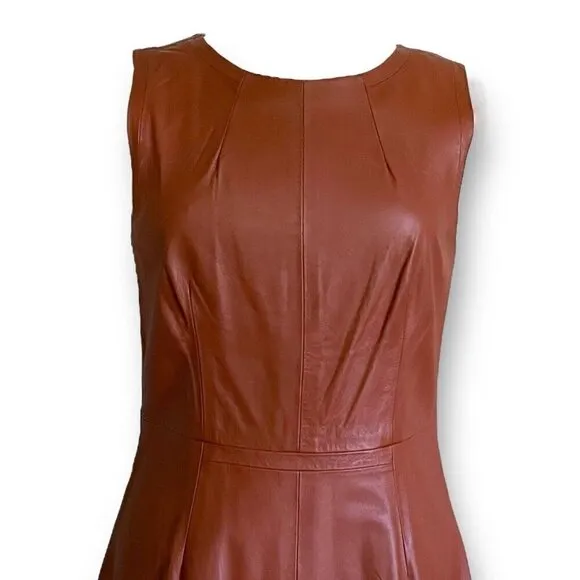 Trina Turk Womens Leather Dress Sz 6 Caramel Brown Sheath Minimalist Luxury $798