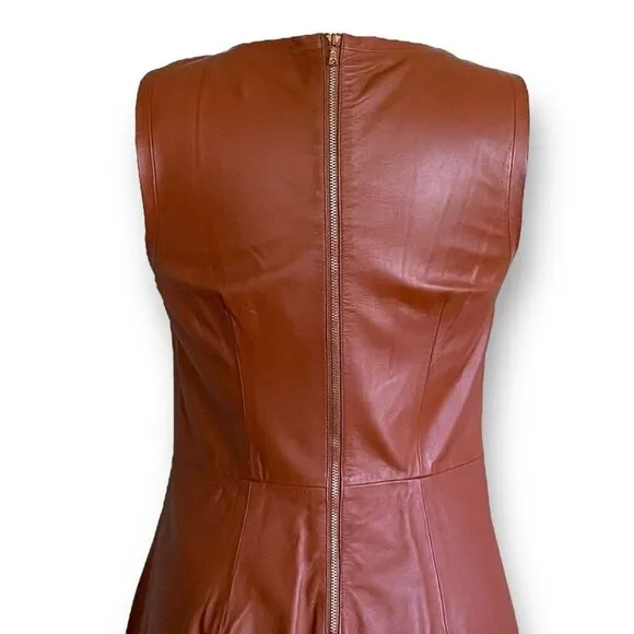 Trina Turk Womens Leather Dress Sz 6 Caramel Brown Sheath Minimalist Luxury $798