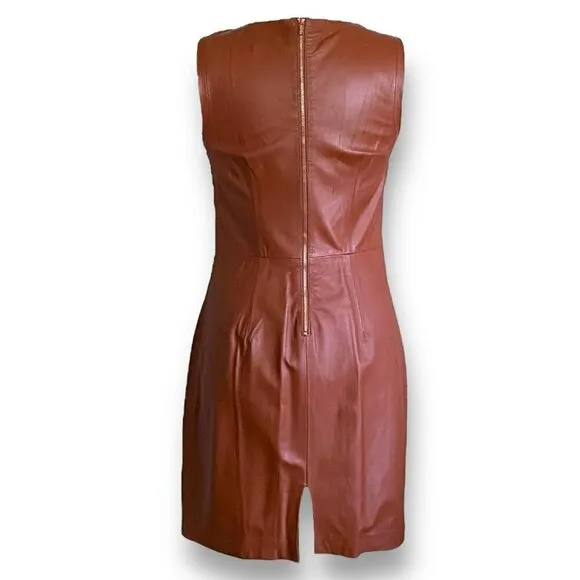 Trina Turk Womens Leather Dress Sz 6 Caramel Brown Sheath Minimalist Luxury $798