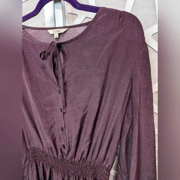 Tucker purple plum Juliette mini dot silk tie neck tiered midi  dress