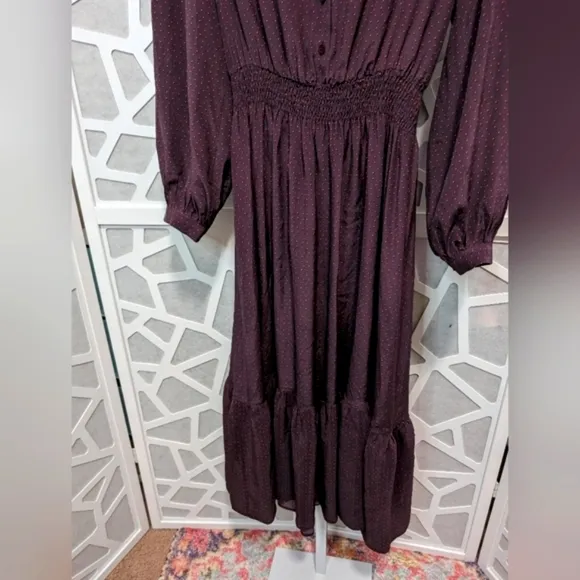 Tucker purple plum Juliette mini dot silk tie neck tiered midi  dress