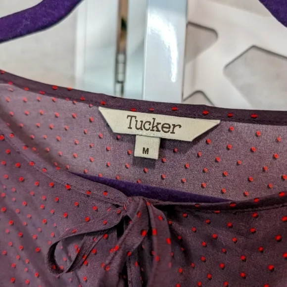 Tucker purple plum Juliette mini dot silk tie neck tiered midi  dress