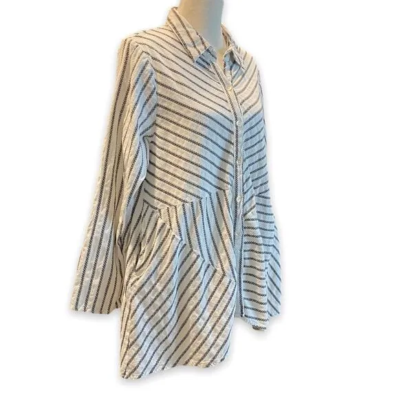 Tulip Embroidered Bohemian Minimalist Striped Tunic Flare Mini Shirt Dress