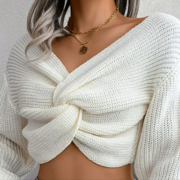 Twist Knot Waffle Knit Sweater Wrap Crop Top Long Sleeve V-neck Shirt Knitwear
